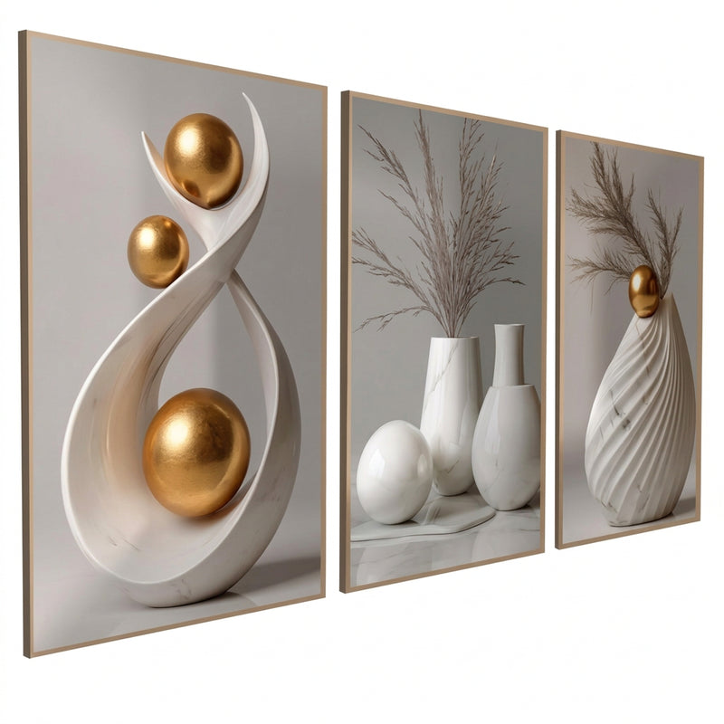 3PCS Wall Decoration White Vase Gold Sphere Leaves Art Wall Decor Display