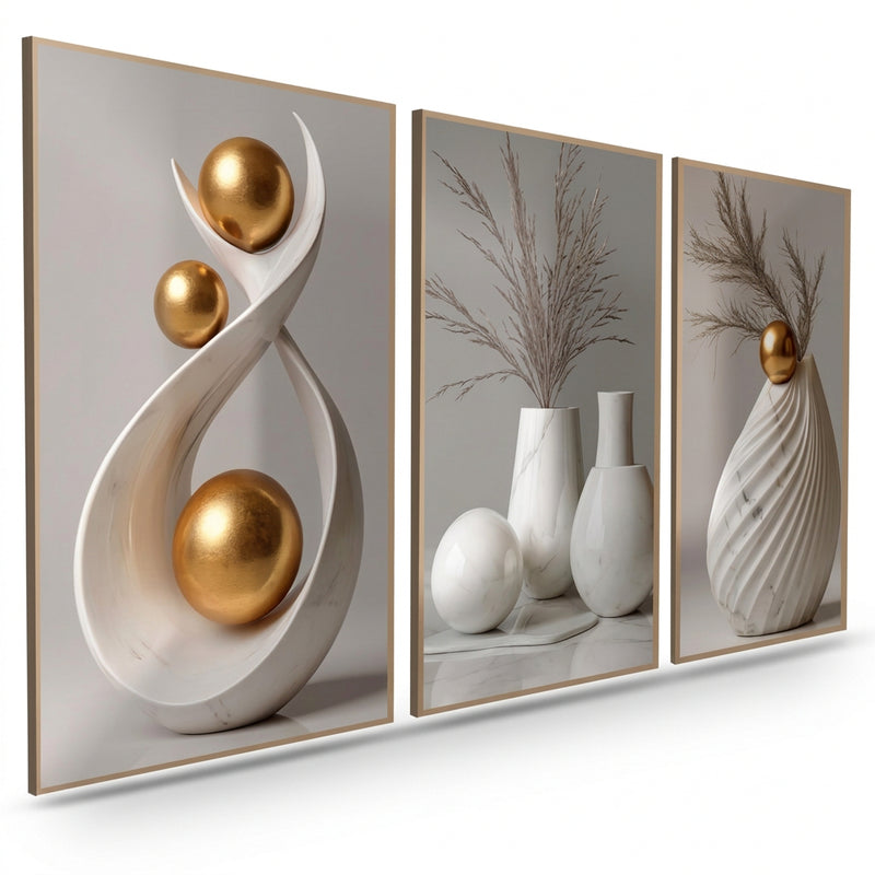 3PCS Wall Decoration White Vase Gold Sphere Leaves Art Wall Decor Display Decorative painting