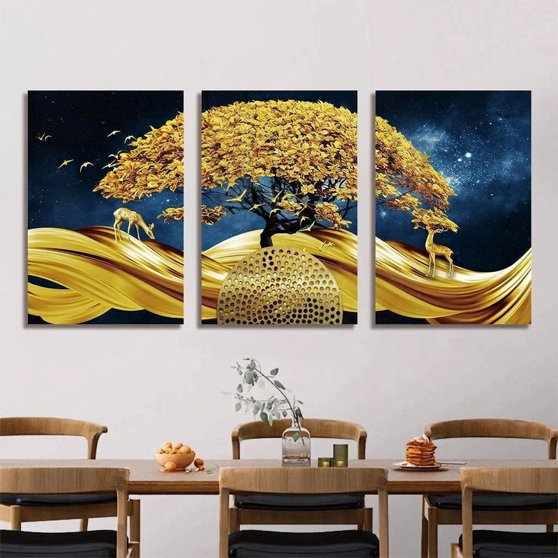 Palamuting Pang-dingding na Pintura 3PCS Puno ng Pera Pangarap Dagat ng mga ulap Bundok Mga burol Buwan Mga bituin Diwata