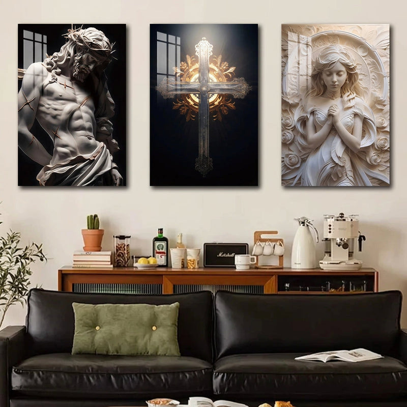 Marangyang Mural na Larawan ni Kristong Hesus, Naka-frame na Cross Wall Art, Modernong Dekorasyon sa Pader para sa Sala