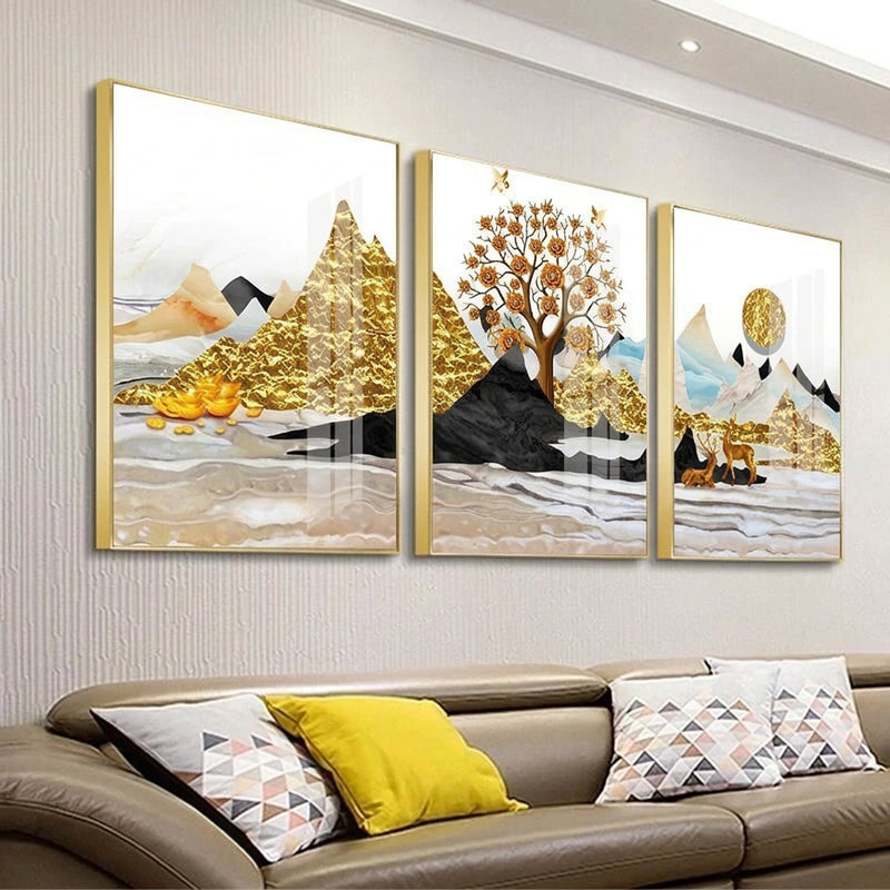 Palamuting Pang-dingding na Pintura 3PCS Puno ng Pera Pangarap Dagat ng mga ulap Bundok Mga burol Buwan Mga bituin Diwata