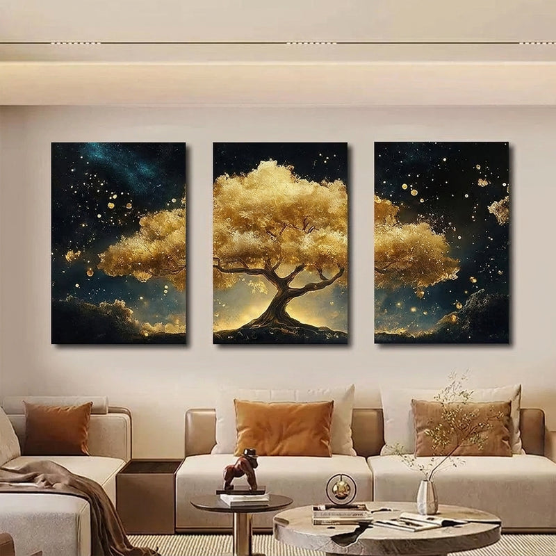Palamuting Pang-dingding na Pintura 3PCS Puno ng Pera Pangarap Dagat ng mga ulap Bundok Mga burol Buwan Mga bituin Diwata