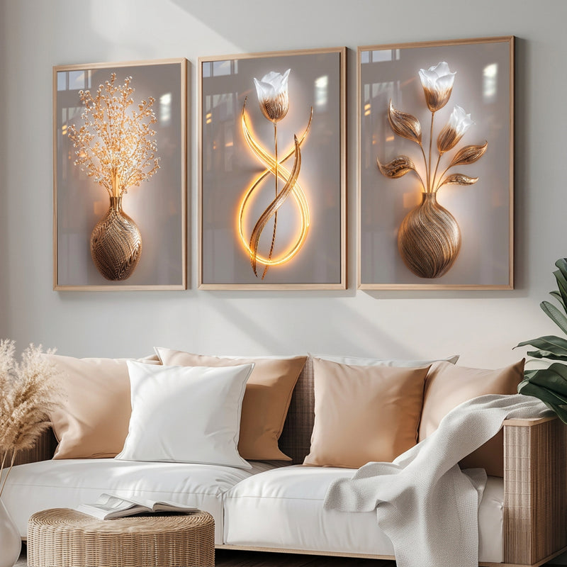 Gold Floral Wall Art Decoration 3-Pcs Modern Luxury Living Room Decor Lucky Golden Flower Painting