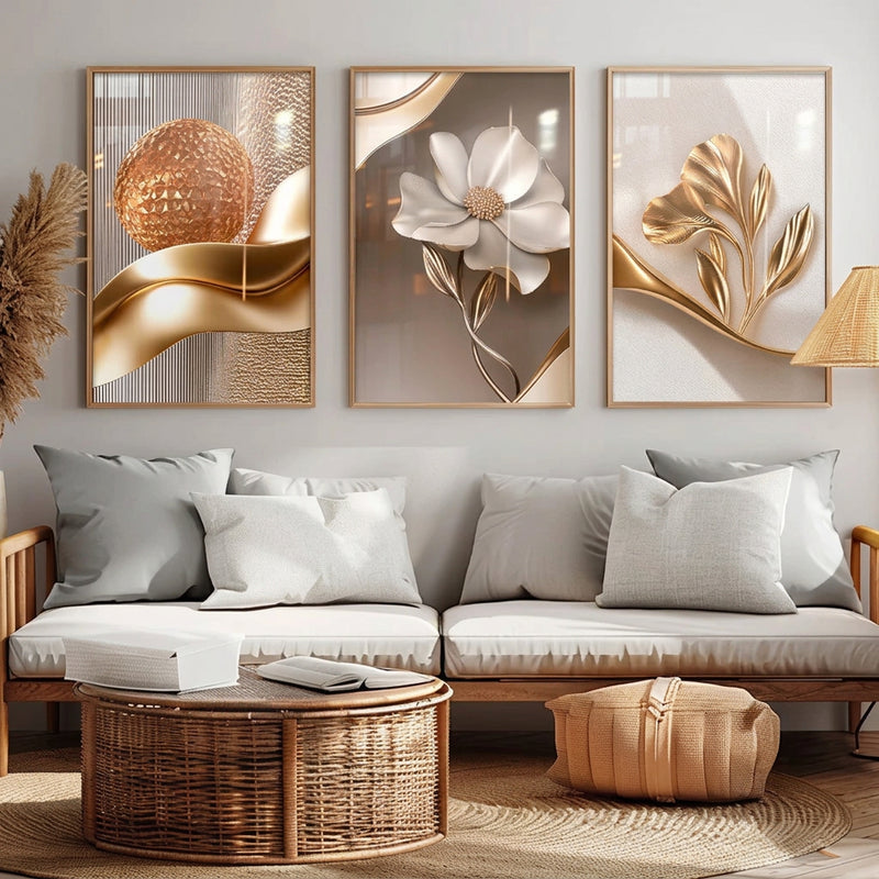 Gold Floral Wall Art Decoration 3-Pcs Modern Luxury Living Room Decor Lucky Golden Flower Painting
