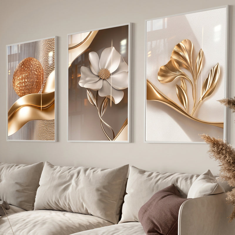 Gold Floral Wall Art Decoration 3-Pcs Modern Luxury Living Room Decor Lucky Golden Flower Painting