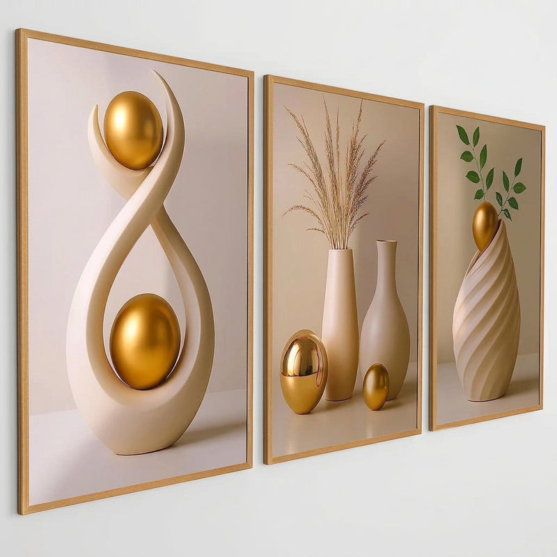 3PCS Wall Decoration White Vase Gold Sphere Leaves Art Wall Decor Display