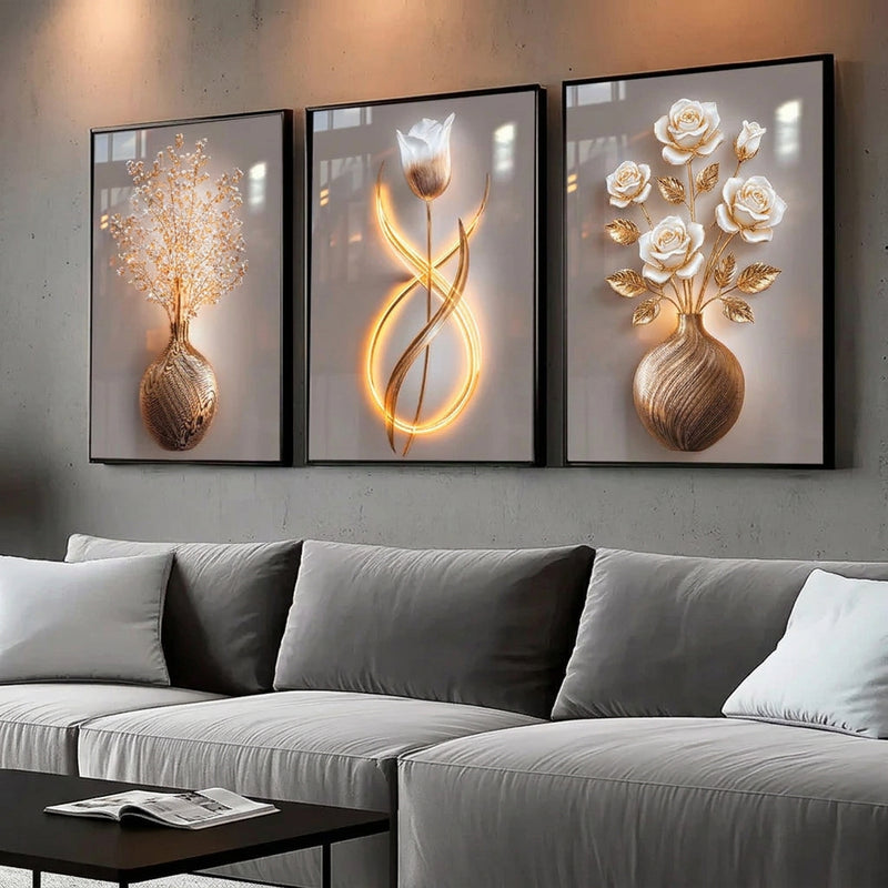 Gold Floral Wall Art Decoration 3-Pcs Modern Luxury Living Room Decor Lucky Golden Flower Painting