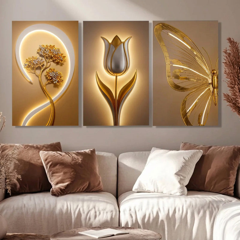 Gold Floral Wall Art Decoration 3-Piece Modern Luxury Living Room Decor Lucky Golden Flower Painting