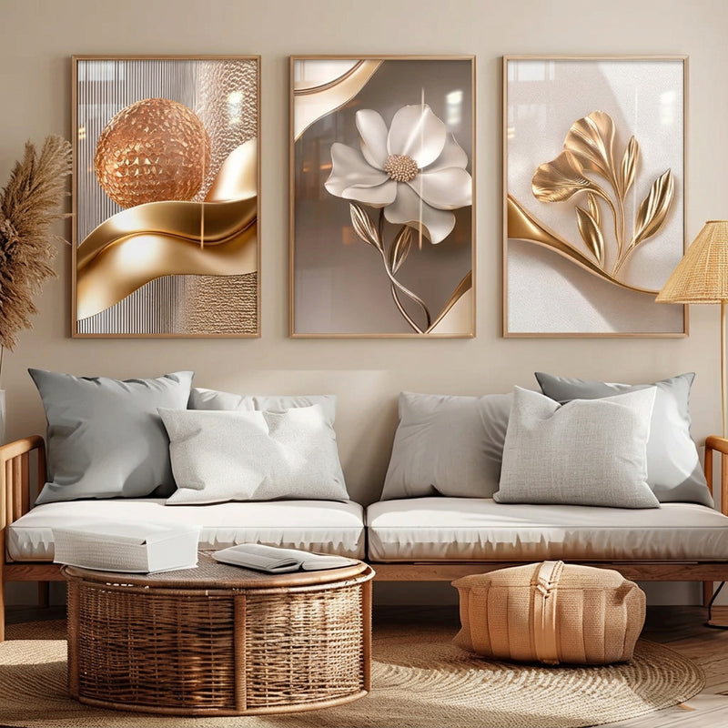 Gold Floral Wall Art Decoration 3-Piece Modern Luxury Living Room Decor Lucky Golden Flower Painting