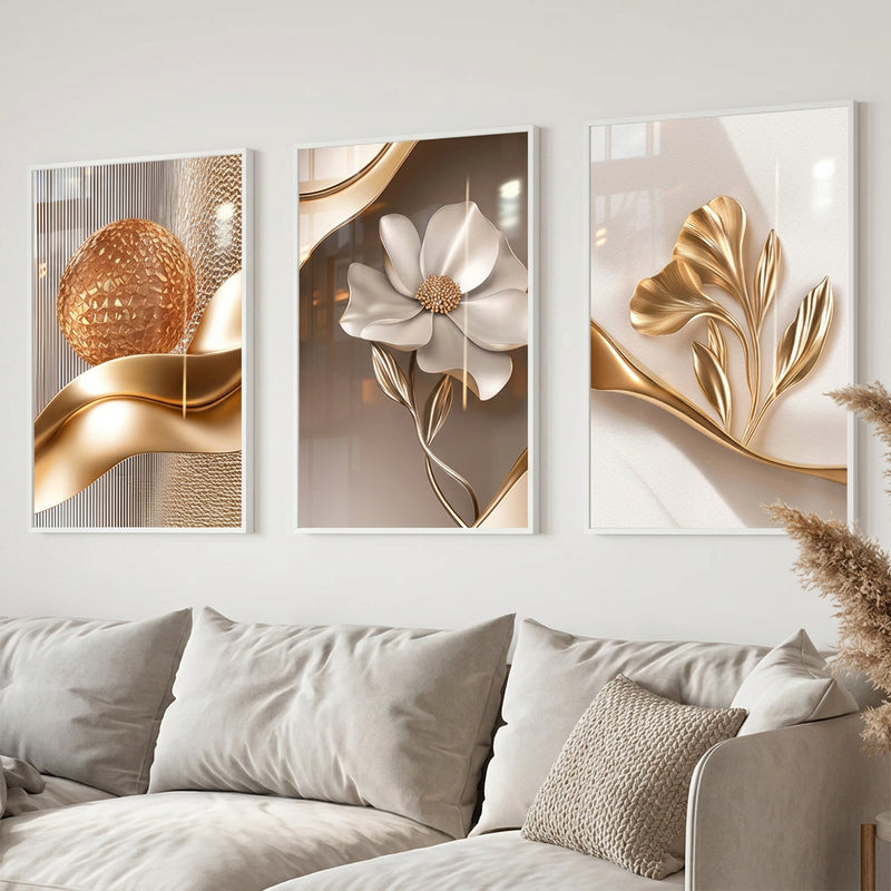 Gold Floral Wall Art Decoration 3-Piece Modern Luxury Living Room Decor Lucky Golden Flower Painting