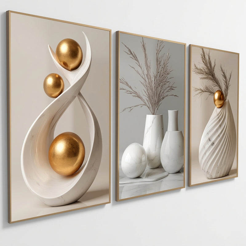 3PCS Wall Decoration White Vase Gold Sphere Leaves Art Wall Decor Display