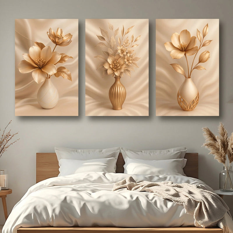 Gold Floral Wall Art Decoration 3-Pcs Modern Luxury Living Room Decor Lucky Golden Flower Painting