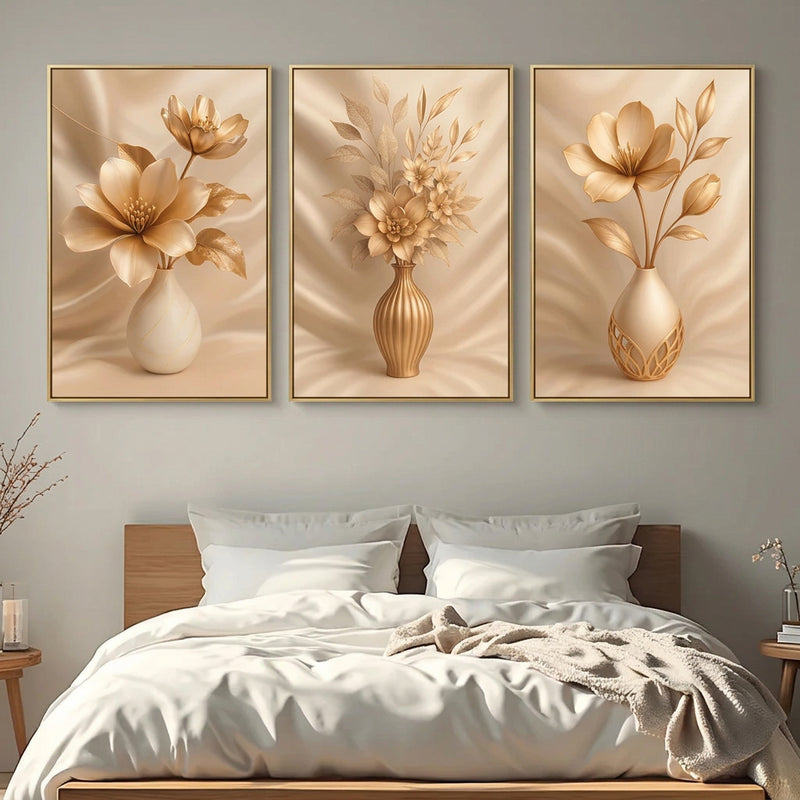 Gold Floral Wall Art Decoration 3-Piece Modern Luxury Living Room Decor Lucky Golden Flower Painting