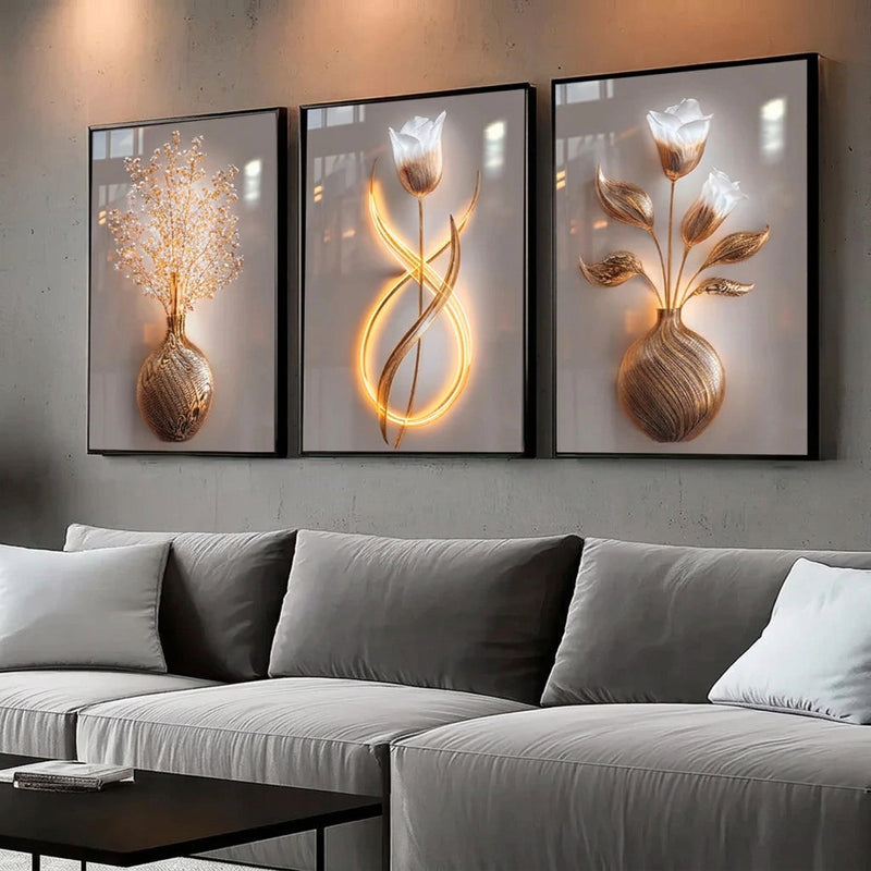 Gold Floral Wall Art Decoration 3-Piece Modern Luxury Living Room Decor Lucky Golden Flower Painting
