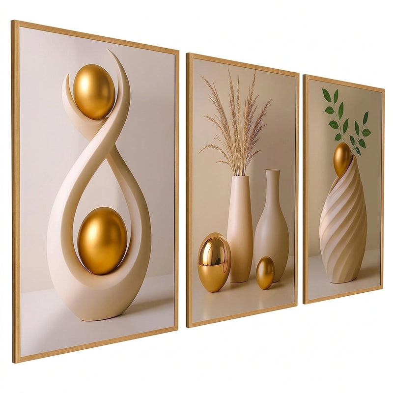 3PCS Wall Decoration White Vase Gold Sphere Leaves Art Wall Decor Display Decorative painting