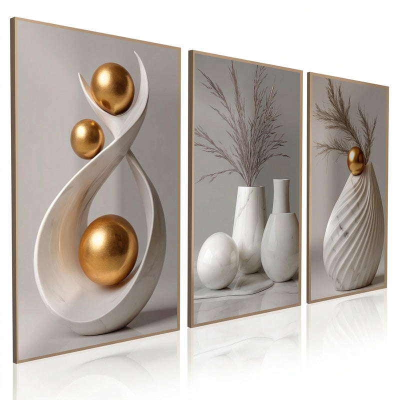 3PCS Wall Decoration White Vase Gold Sphere Leaves Art Wall Decor Display Decorative painting