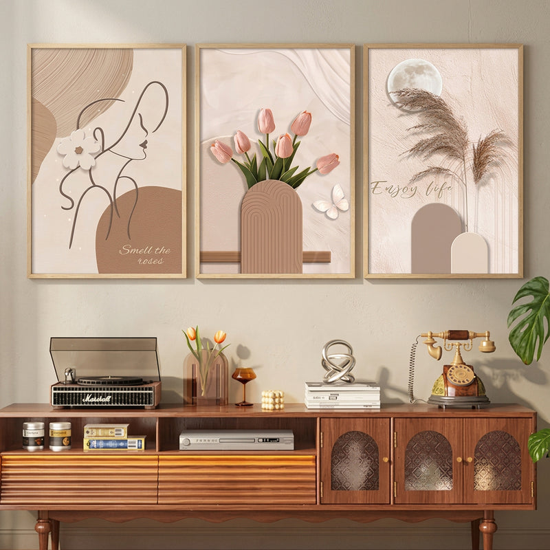 3PCS Dekorasyong Pang-dingding Aesthetic Minimalist na Bulaklak na Rose Wall Art Dekorasyong Larawan Palamuti sa Sala