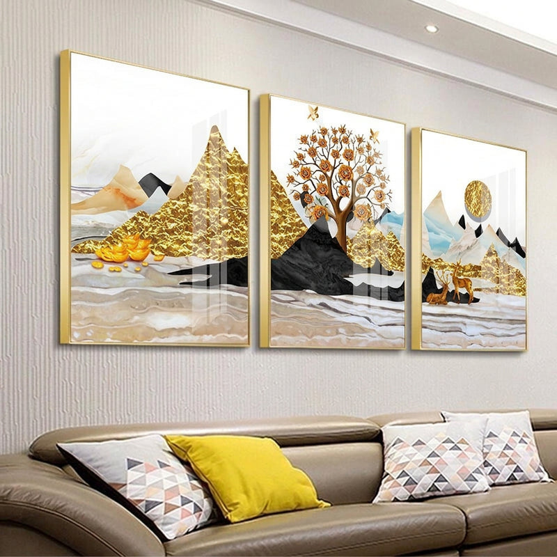 Palamuting Pang-dingding na Pintura 3PCS Puno ng Pera Pangarap Dagat ng mga ulap Bundok Mga burol Buwan Mga bituin Diwata