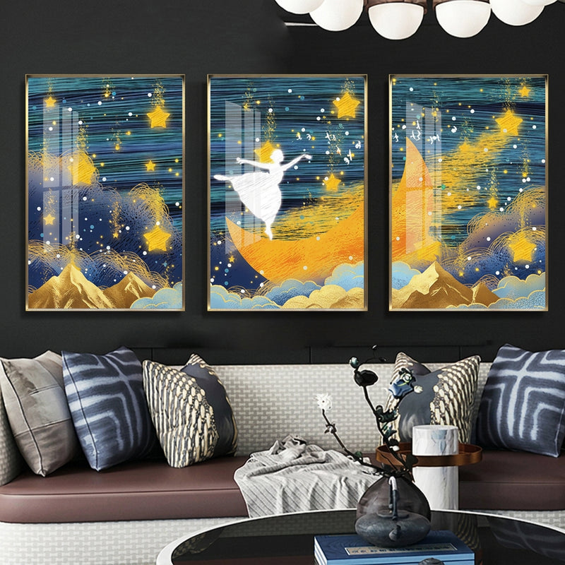 Palamuting Pang-dingding na Pintura 3PCS Puno ng Pera Pangarap Dagat ng mga ulap Bundok Mga burol Buwan Mga bituin Diwata