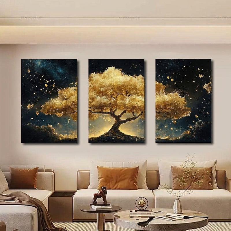 Palamuting Pang-dingding na Pintura 3PCS Puno ng Pera Pangarap Dagat ng mga ulap Bundok Mga burol Buwan Mga bituin Diwata