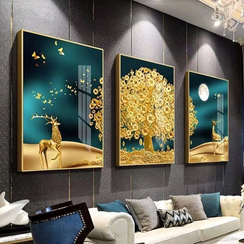 Palamuting Pang-dingding na Pintura 3PCS Puno ng Pera Pangarap Dagat ng mga ulap Bundok Mga burol Buwan Mga bituin Diwata