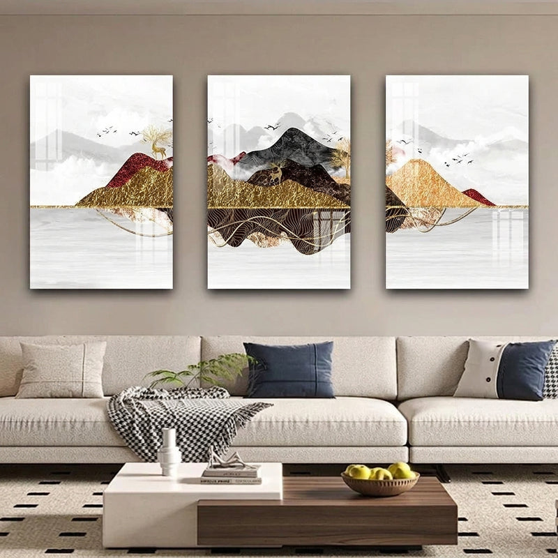 Palamuting Pang-dingding na Pintura 3PCS Puno ng Pera Pangarap Dagat ng mga ulap Bundok Mga burol Buwan Mga bituin Diwata