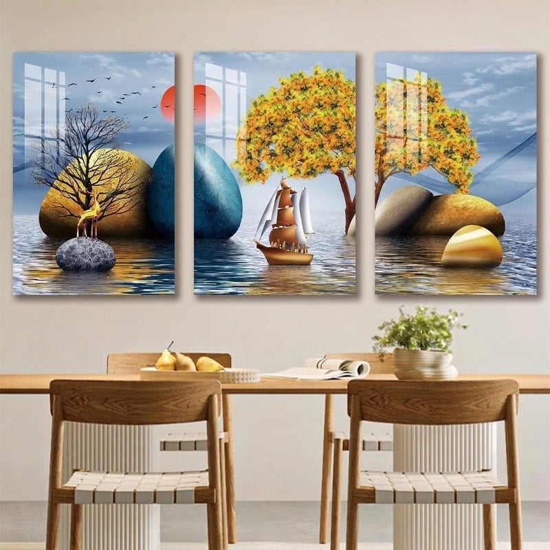 Palamuting Pang-dingding na Pintura 3PCS Puno ng Pera Pangarap Dagat ng mga ulap Bundok Mga burol Buwan Mga bituin Diwata