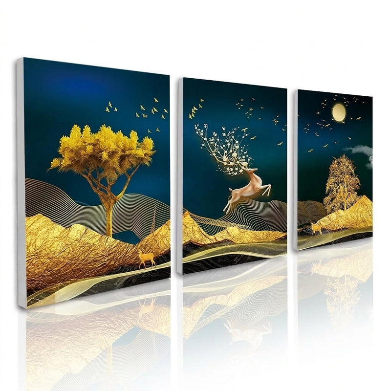Palamuting Pang-dingding na Pintura 3PCS Puno ng Pera Pangarap Dagat ng mga ulap Bundok Mga burol Buwan Mga bituin Diwata
