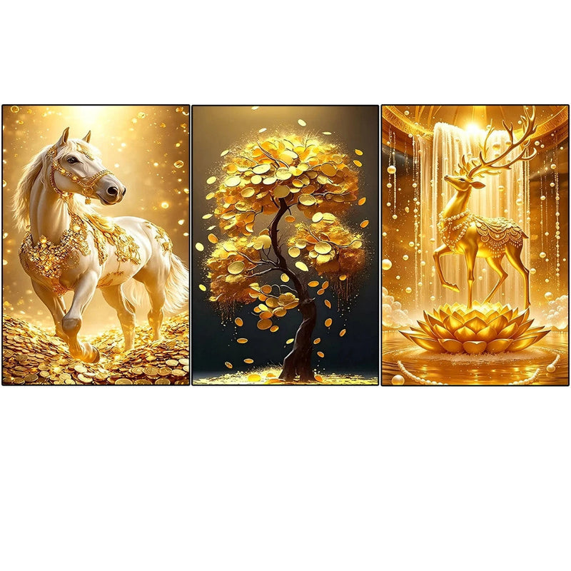 3pcs Wall Decoration Luxury Golden Horse Money Tree Lucky Deer Modern Sala Crystal Lotus
