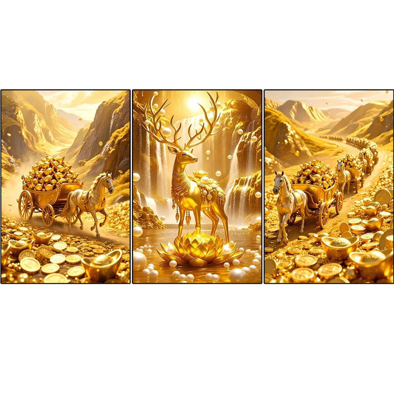 3pcs Wall Decoration Luxury Golden Horse Money Tree Lucky Deer Modern Sala Crystal Lotus