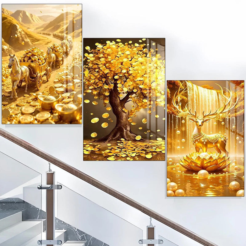3pcs Wall Decoration Luxury Golden Horse Money Tree Lucky Deer Modern Sala Crystal Lotus