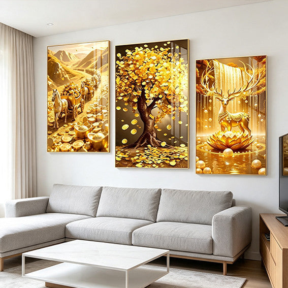 3pcs Wall Decoration Luxury Golden Horse Money Tree Lucky Deer Modern Sala Crystal Lotus
