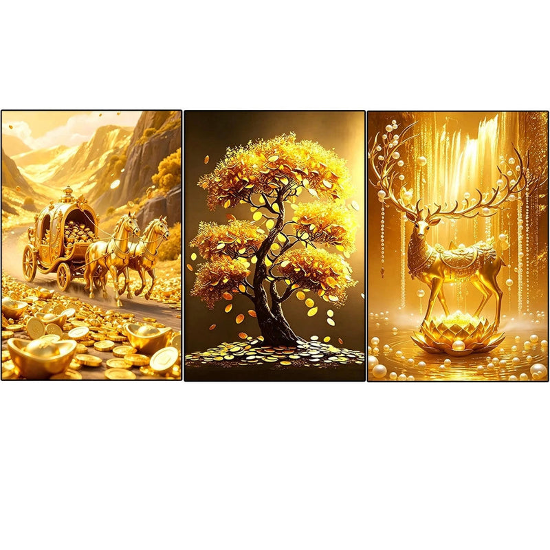 3pcs Wall Decoration Luxury Golden Horse Money Tree Lucky Deer Modern Sala Crystal Lotus