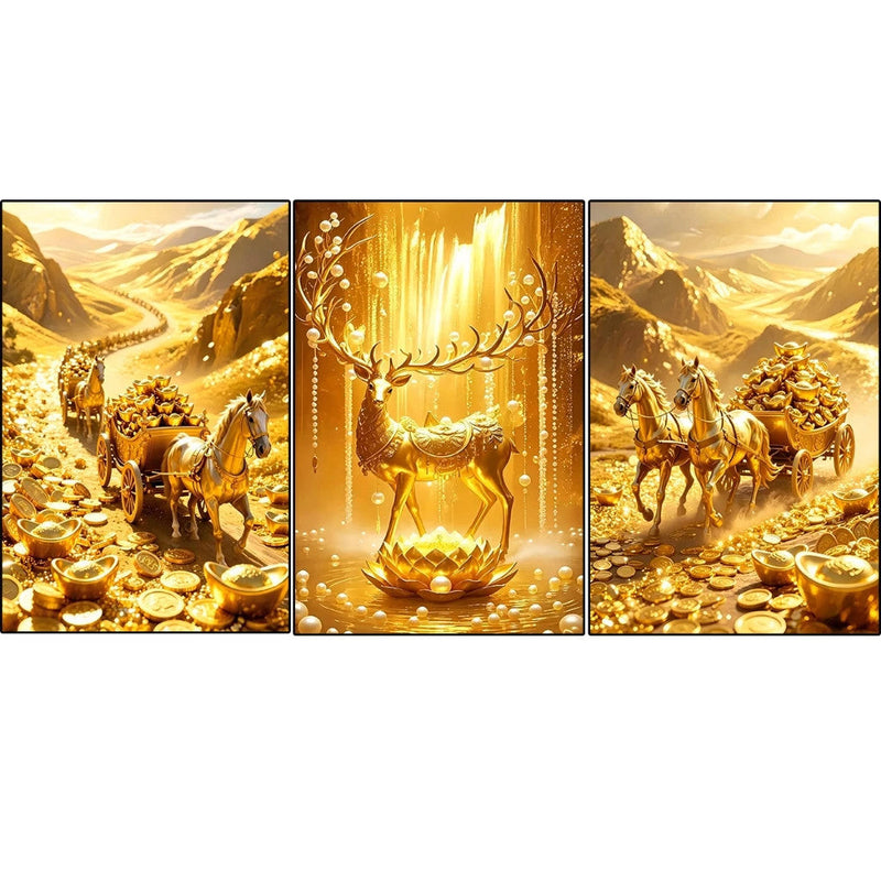 3pcs Wall Decoration Luxury Golden Horse Money Tree Lucky Deer Modern Sala Crystal Lotus