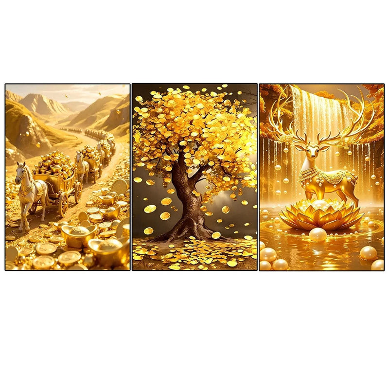 3pcs Wall Decoration Luxury Golden Horse Money Tree Lucky Deer Modern Sala Crystal Lotus