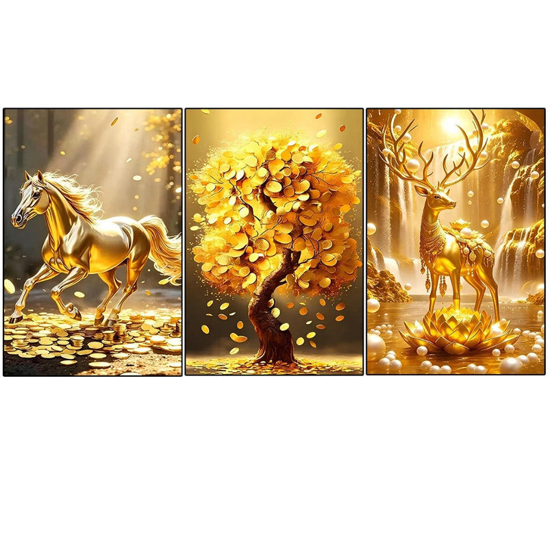 3pcs Wall Decoration Luxury Golden Horse Money Tree Lucky Deer Modern Sala Crystal Lotus