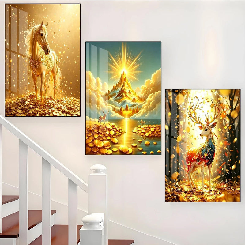 3pcs Wall Decoration Luxury Golden Horse Money Tree Lucky Deer Modern Sala Crystal Lotus