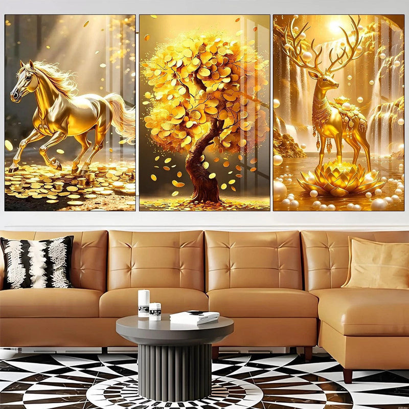 3pcs Wall Decoration Luxury Golden Horse Money Tree Lucky Deer Modern Sala Crystal Lotus