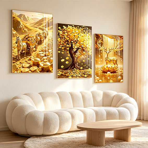 3pcs Wall Decoration Luxury Golden Horse Money Tree Lucky Deer Modern Sala Crystal Lotus