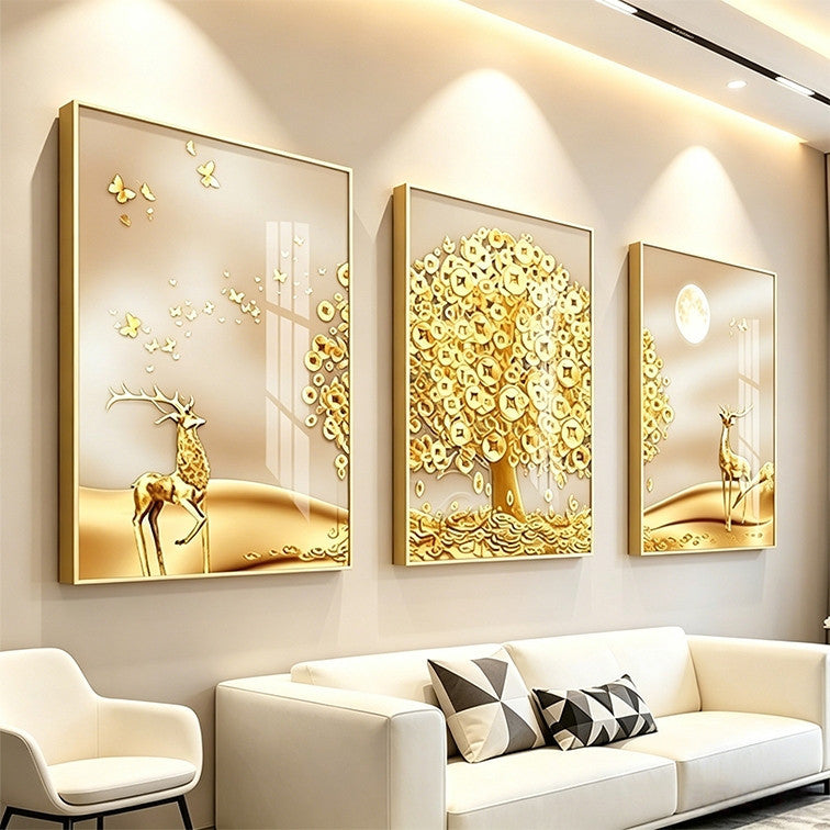 3pcs Wall Decoration Luxury Golden Horse Money Tree Lucky Deer Modern Sala Crystal Lotus