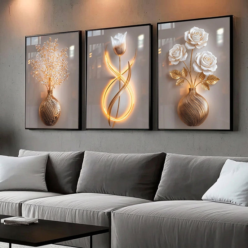 Gold Floral Wall Art Decoration 3-Pcs Modern Luxury Living Room Decor Lucky Golden Flower Painting