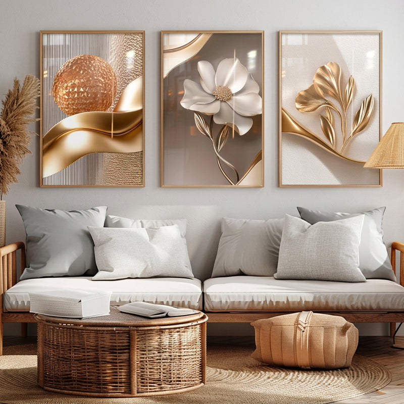 Gold Floral Wall Art Decoration 3-Piece Modern Luxury Living Room Decor Lucky Golden Flower Painting