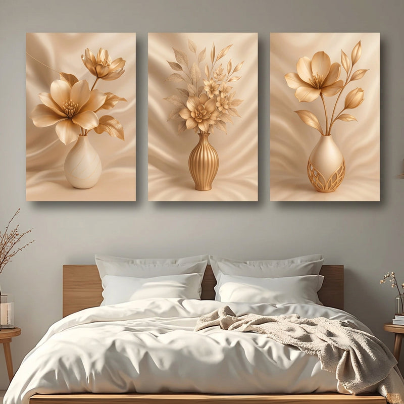 Gold Floral Wall Art Decoration 3-Pcs Modern Luxury Living Room Decor Lucky Golden Flower Painting