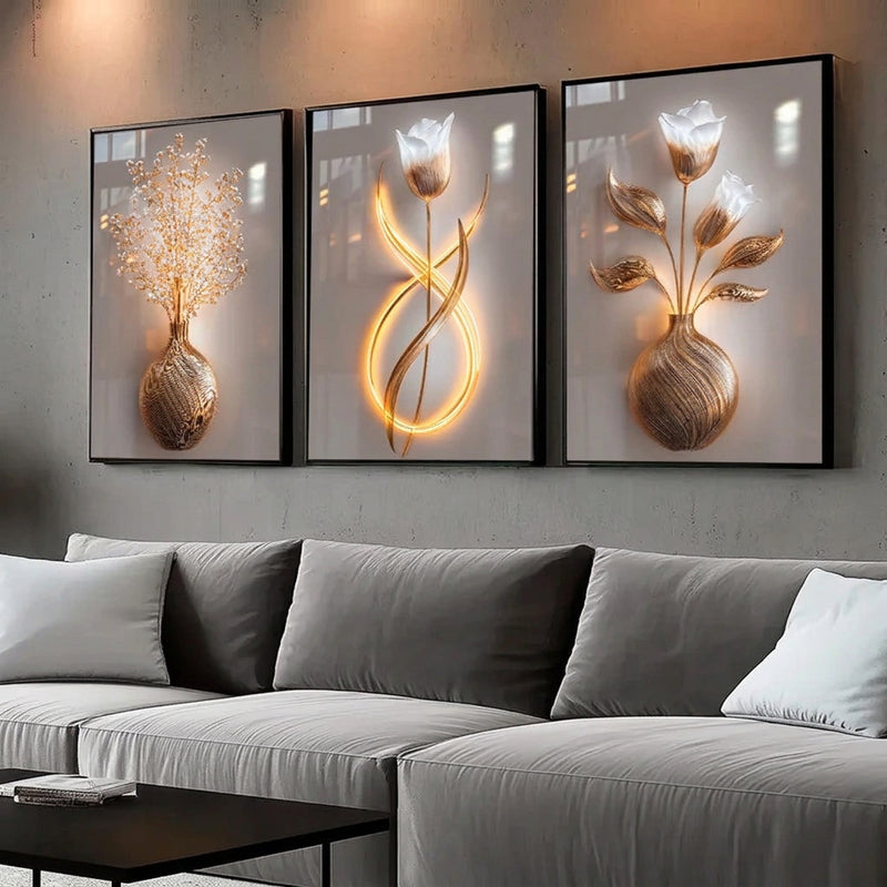 Gold Floral Wall Art Decoration 3-Piece Modern Luxury Living Room Decor Lucky Golden Flower Painting