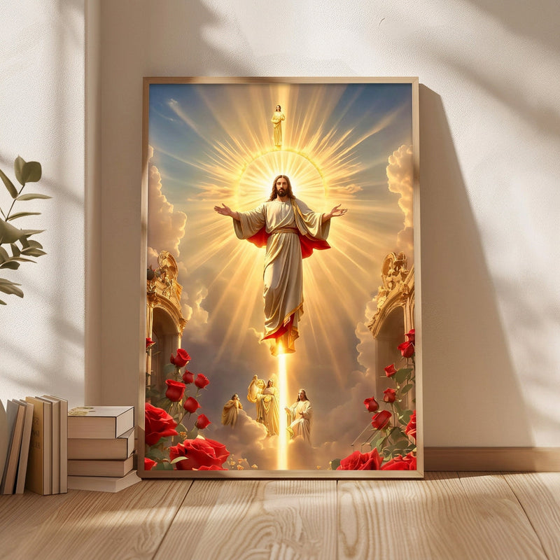 Marangyang Mural na Larawan ni Kristong Hesus, Naka-frame na Cross Wall Art, Modernong Dekorasyon sa Pader para sa Sala