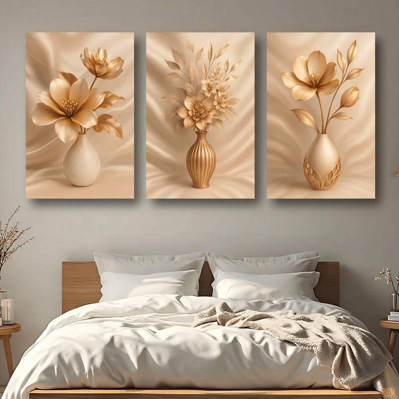 Gold Floral Wall Art Decoration 3-Piece Modern Luxury Living Room Decor Lucky Golden Flower Painting