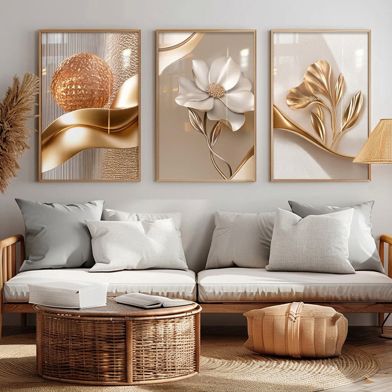 Gold Floral Wall Art Decoration 3-Pcs Modern Luxury Living Room Decor Lucky Golden Flower Painting