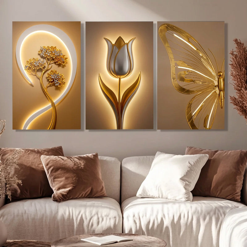 Gold Floral Wall Art Decoration 3-Pcs Modern Luxury Living Room Decor Lucky Golden Flower Painting